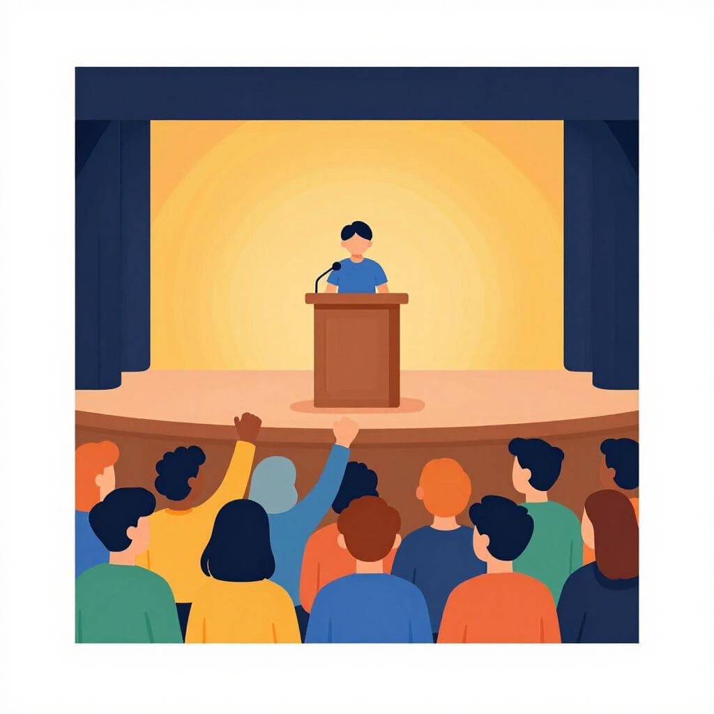 Een spreker op een podium achter een houten lessenaar, met een menigte mensen op de voorgrond die kleine vlaggetjes vasthouden.