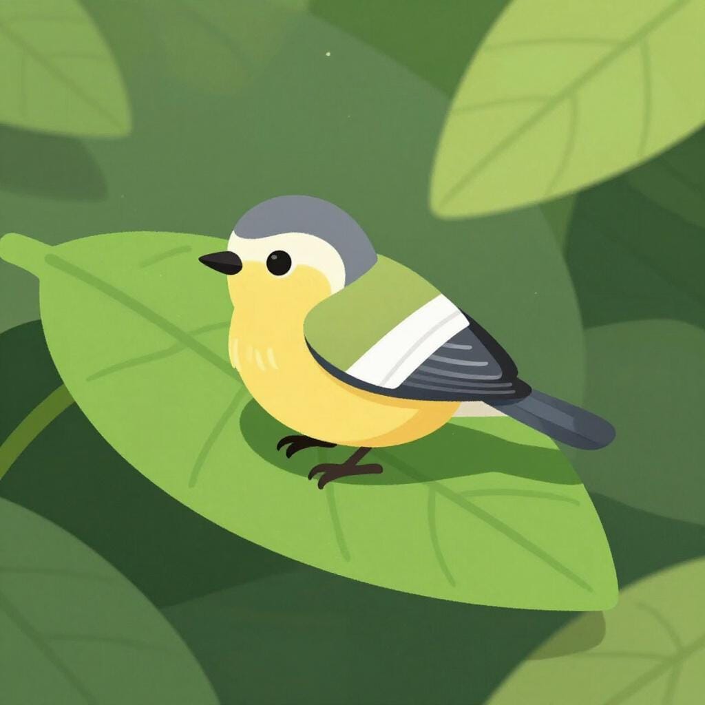 Ein kleiner Vogel mit einem ordentlich verbundenen Flügel, der auf einem weichen grünen Blatt ruht.