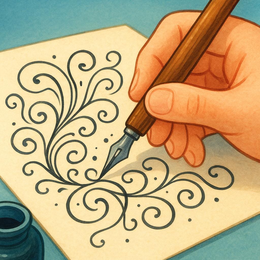 A close-up of a hand holding a wooden dip pen, creating decorative, unique, non-readable swirling ink lines on a piece of parchment.