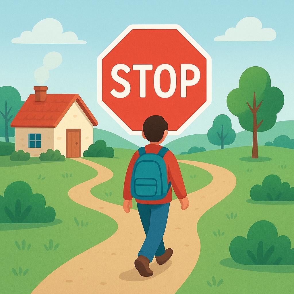 A figure with a backpack attempting to walk down a road is suddenly stopped by a large, simple red octagon stop sign icon floating directly in their path.
