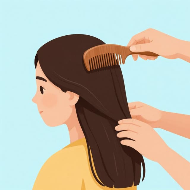 長い髪の人が木製の櫛を使って髪をとかしている様子。