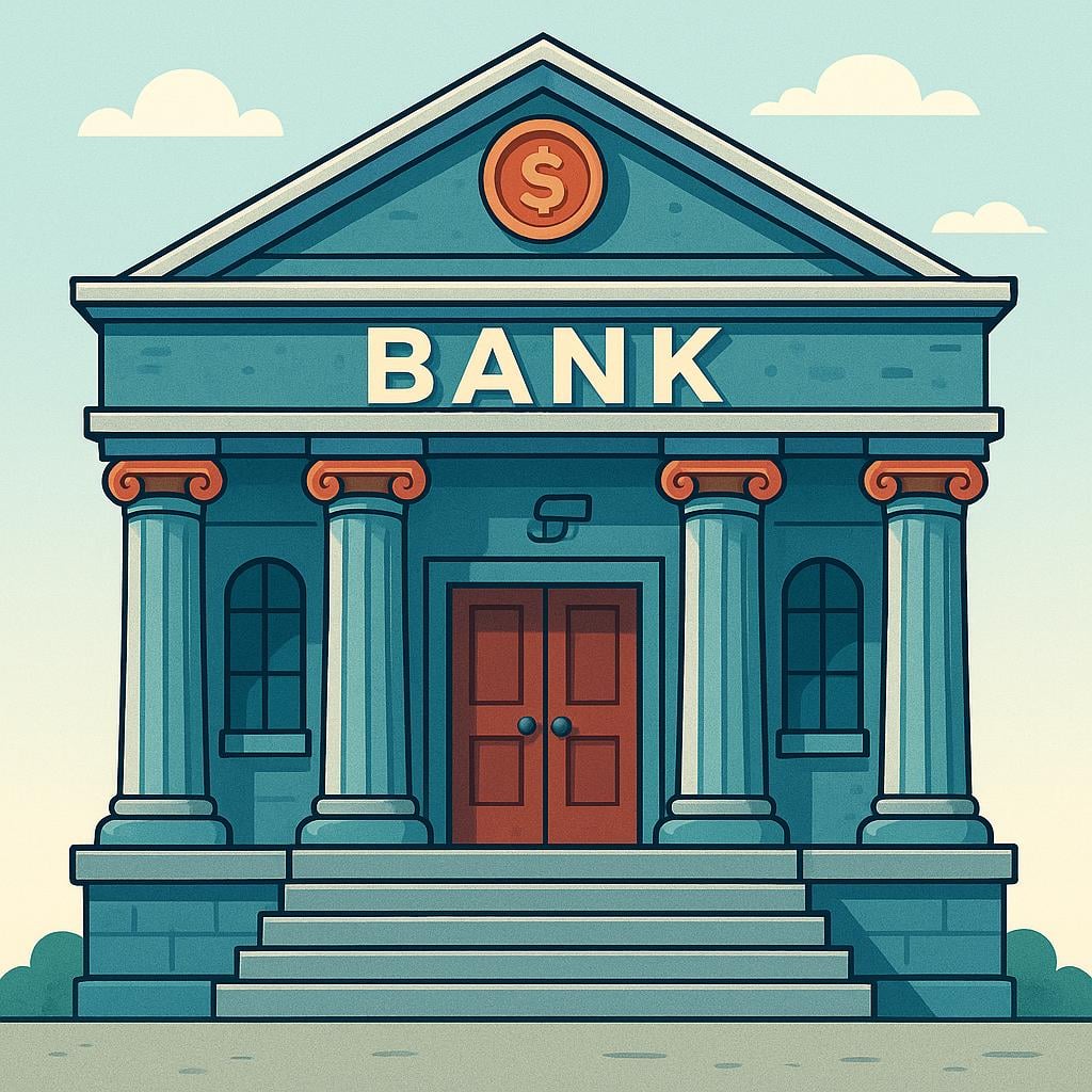 A simple drawing of a sturdy building entrance with large columns and steps, symbolizing a financial bank.