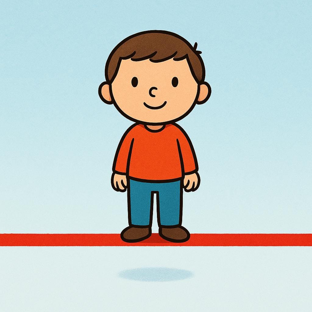 Uma pequena figura parada precisamente sobre uma linha vermelha grossa e brilhantemente pintada no chão, representando o limite ou limiar mais baixo.