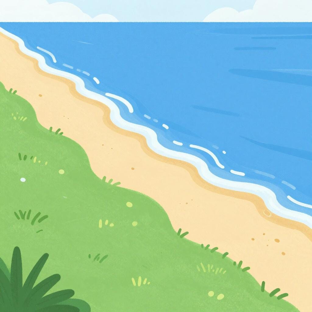 A sweeping view of a sandy shoreline where gentle blue waves meet a grassy cliffside.