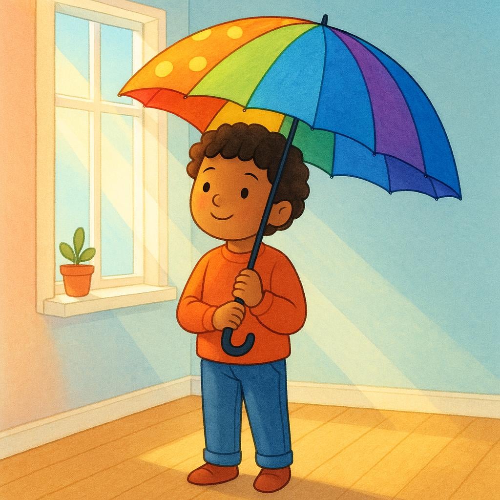 A young character standing indoors holding an open umbrella while sunlight streams through a window, illustrating a silly or foolish moment.