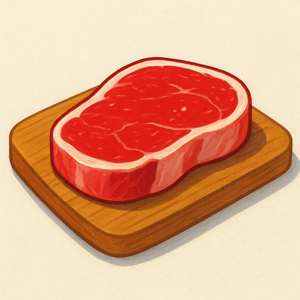A thick, raw cut of red beef steak resting on a simple wooden cutting board, ready to be cooked.