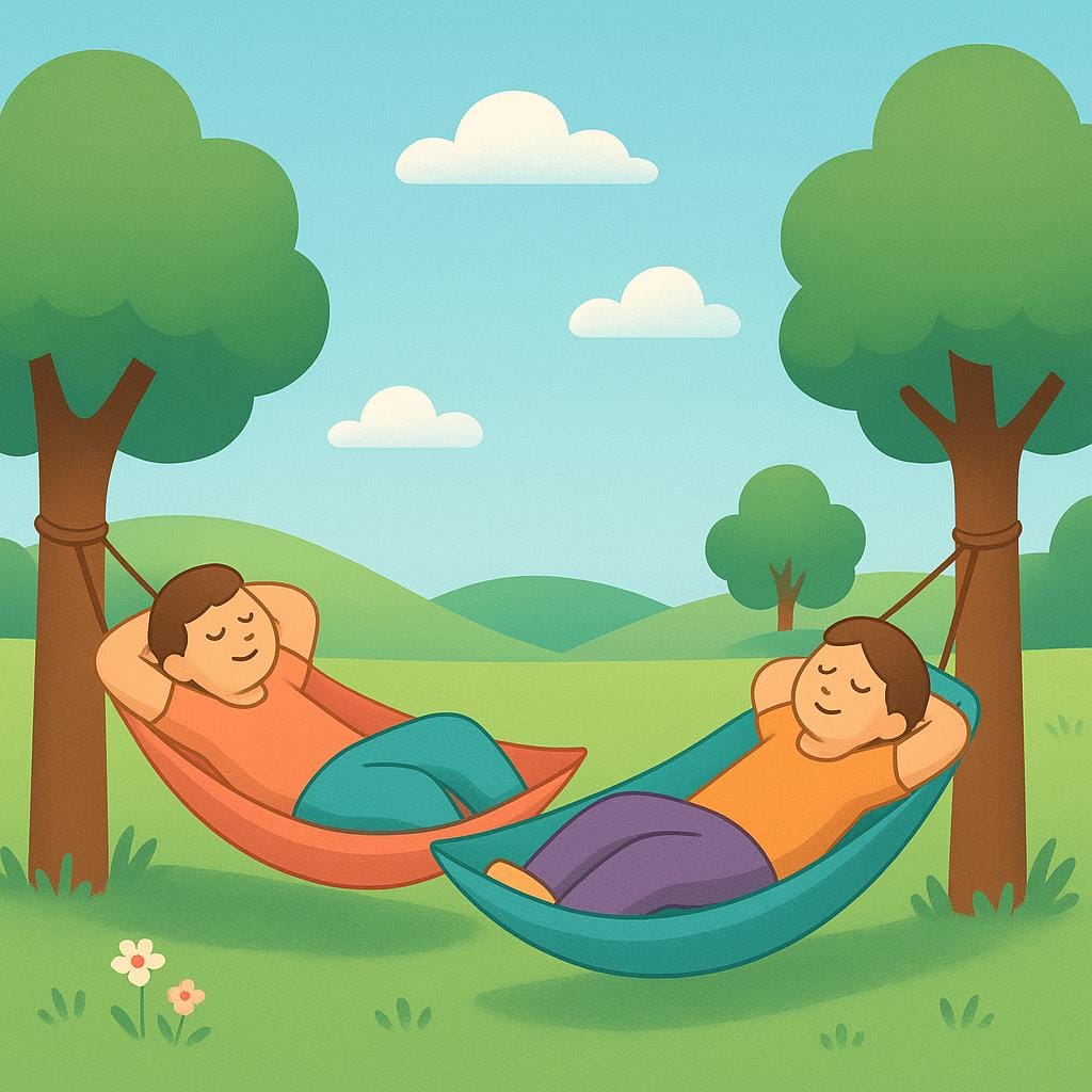 Une illustration de deux silhouettes détendues et heureuses, allongées côte à côte dans des hamacs aux couleurs vives sous un ciel ensoleillé, symbolisant s'autoriser à se reposer.