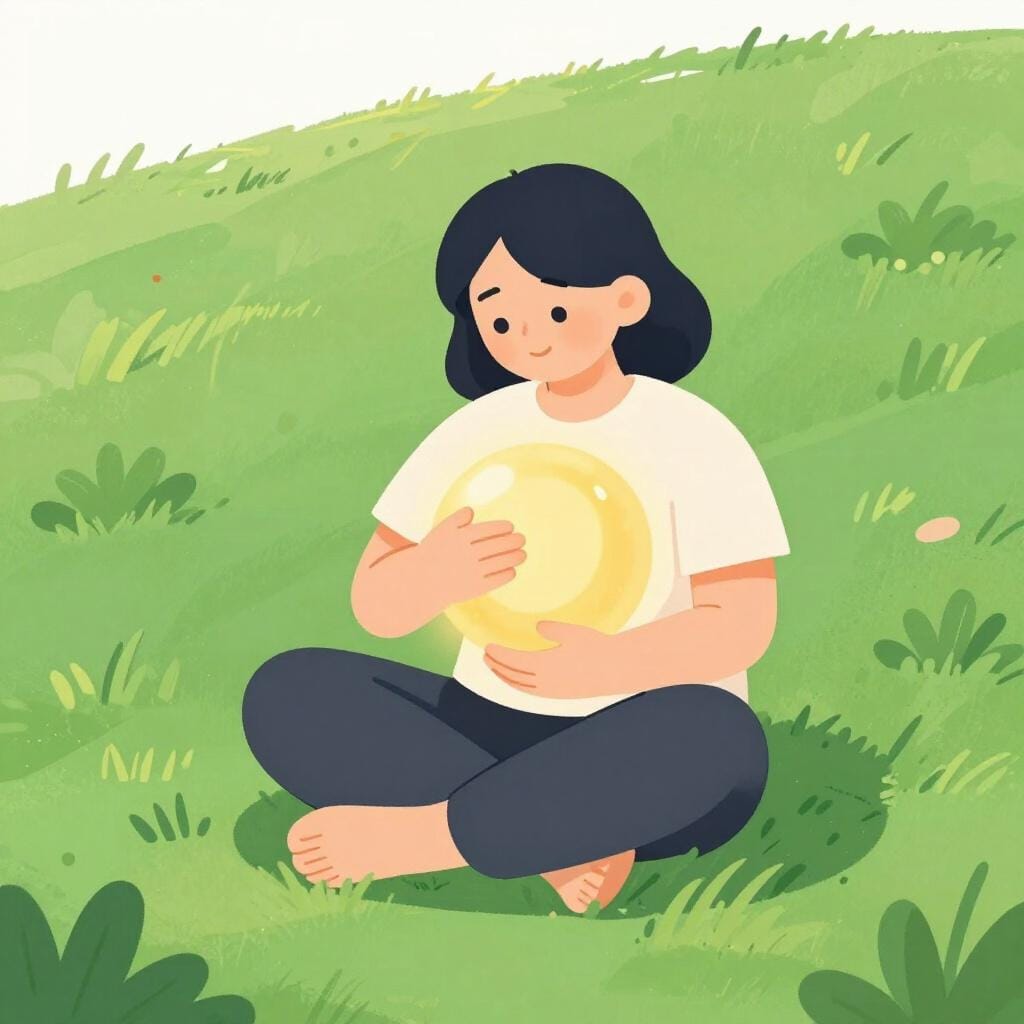 A person sitting quietly under a tree, holding a glowing golden heart close to their chest.
