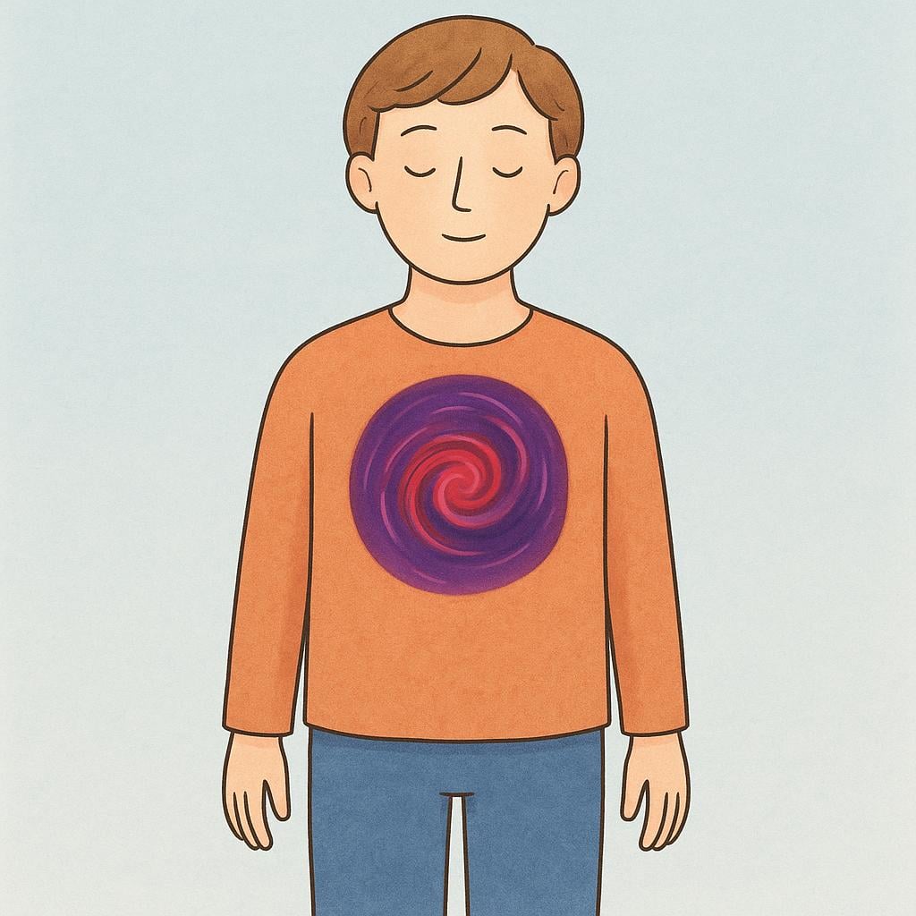 A calm-looking person standing still, but their chest area is subtly glowing, revealing a contained, swirling vortex of purple and red colors within, symbolizing hidden, strong emotion.