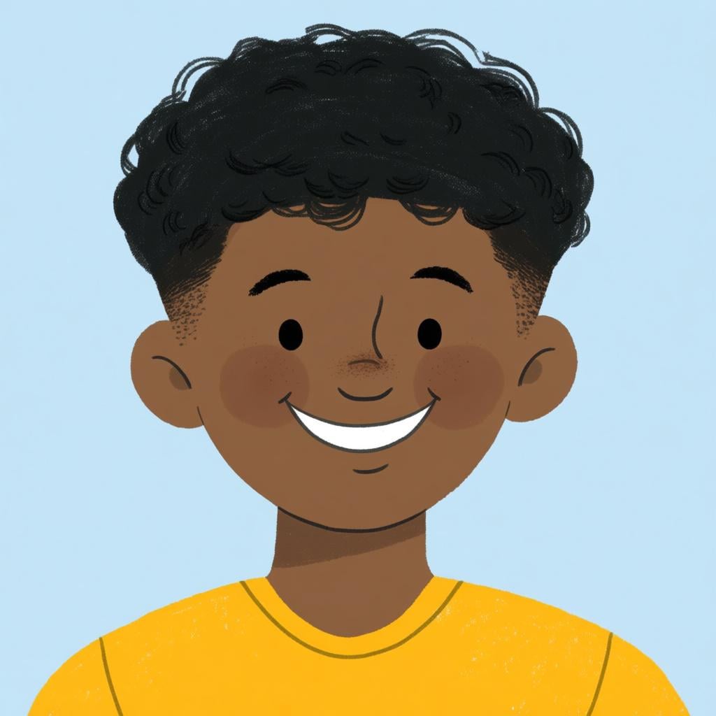 A kind, smiling portrait of a young adult with dark skin and short, textured hair.