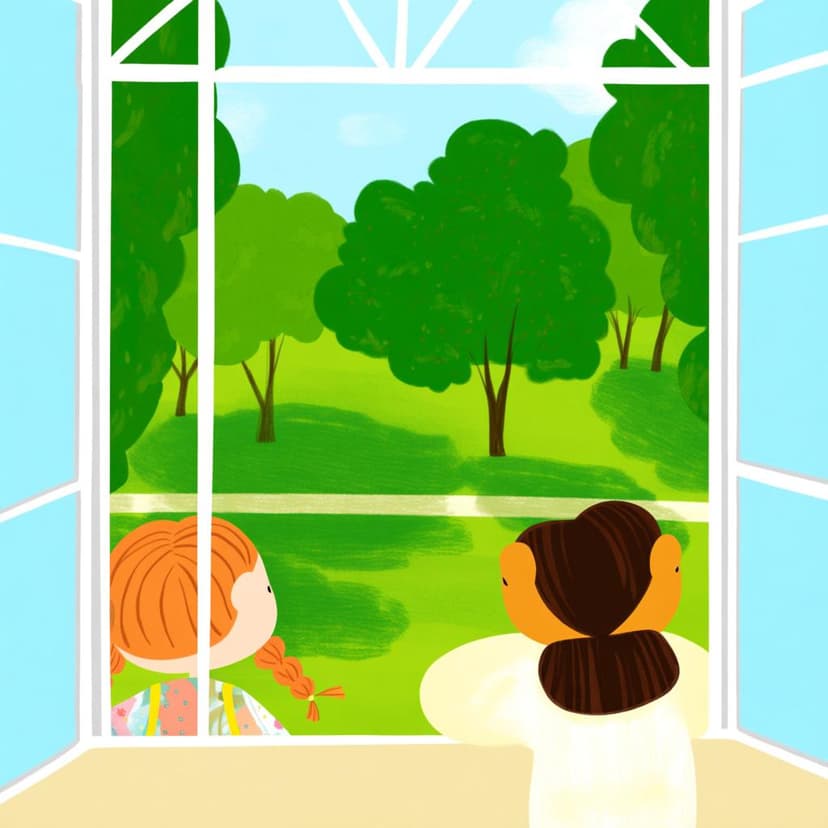 Two children standing together, looking out a large window at a sunny park filled with trees.