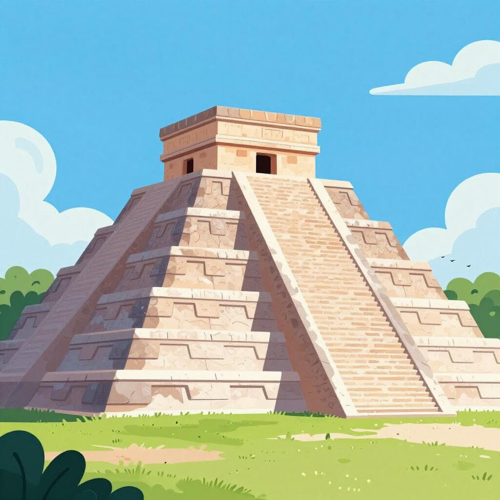 Un'illustrazione colorata di una piramide a gradoni in pietra in una lussureggiante valle tropicale.