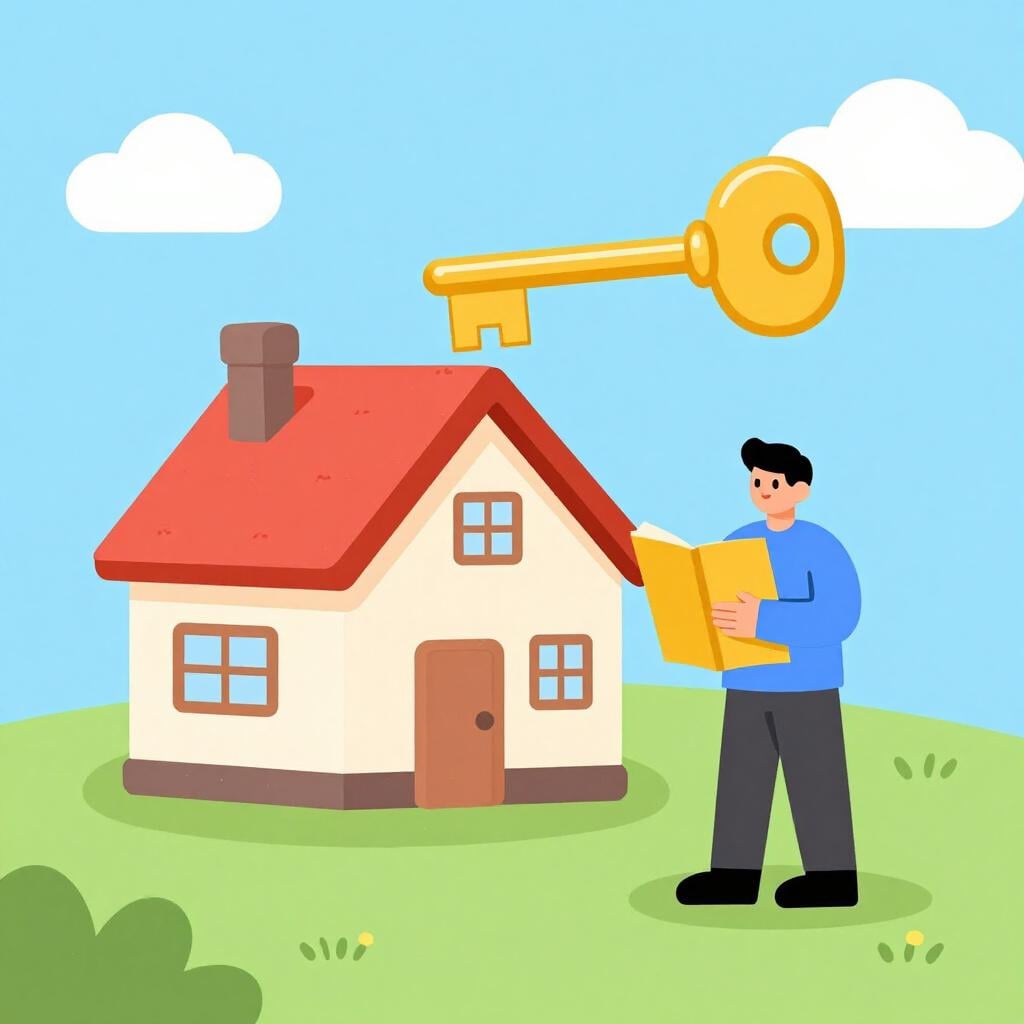 Een persoon die een grote gouden sleutel vasthoudt terwijl hij voor een klein, charmant huis staat.