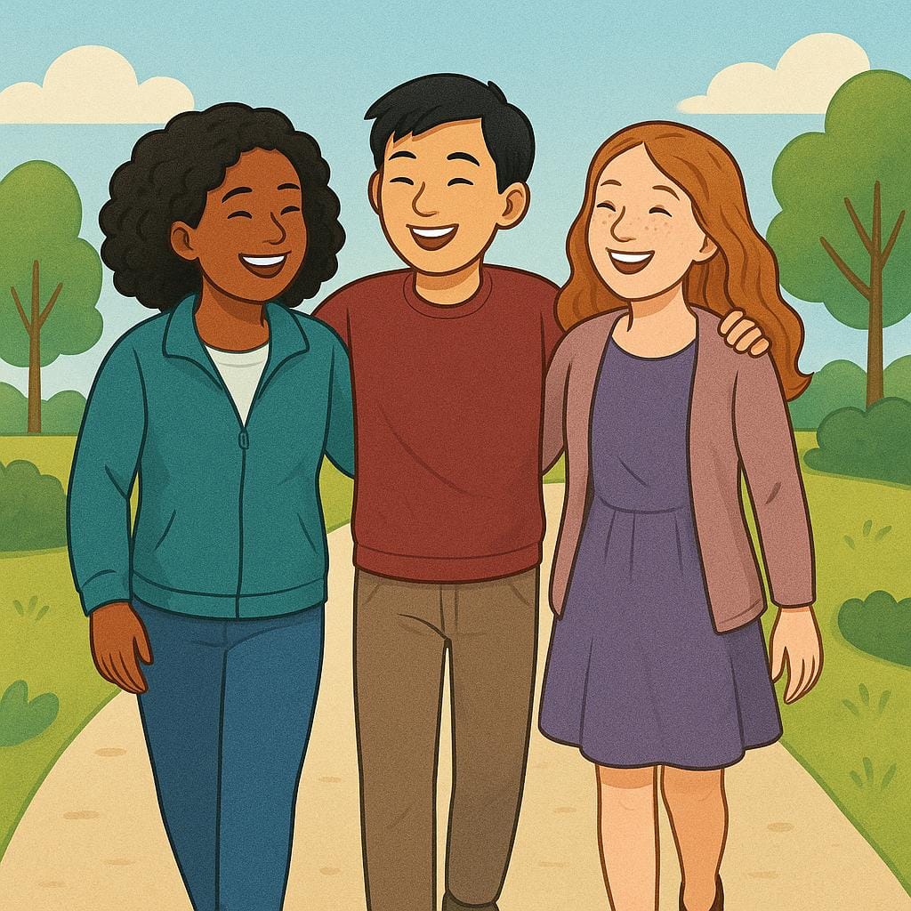 A diverse group of three friends smiling and walking together in a sunny park, sharing a joke.
