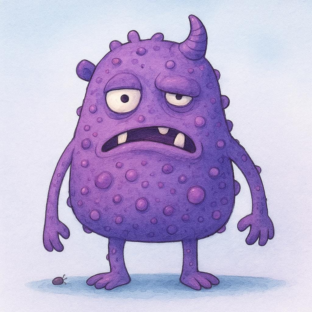 A friendly but very lumpy and strangely shaped purple creature with mismatched eyes.