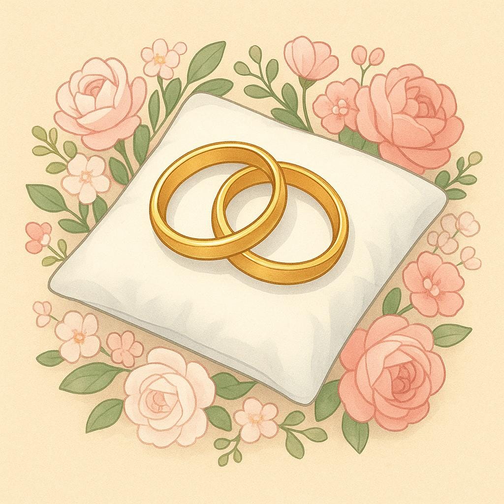 Two gold wedding bands intertwined and resting on a white cushion surrounded by pink and white flowers.