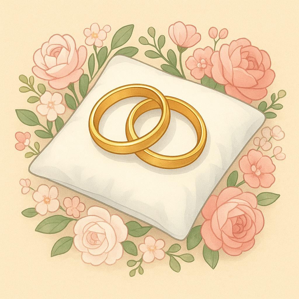 Two gold wedding bands intertwined and resting on a white cushion surrounded by pink and white flowers.