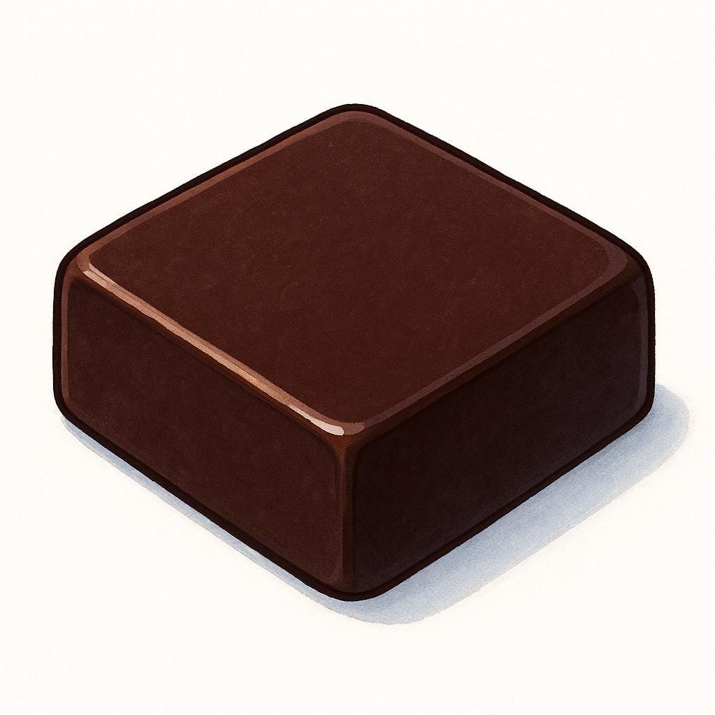 Un carré épais de chocolat très noir et riche reposant sur une surface blanche et propre, soulignant la couleur profonde et la texture.