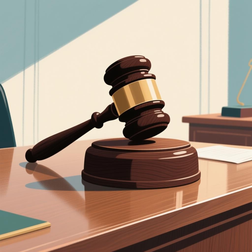 Um pesado martelo de juiz de madeira firmemente apoiado em um bloco de som de madeira em uma mesa de mogno, simbolizando uma decisão judicial.