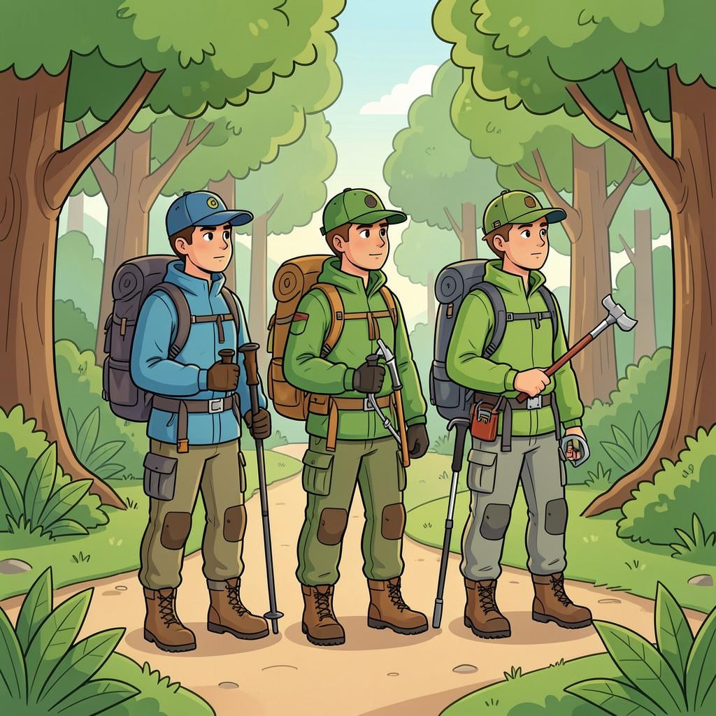 A group of hikers in uniforms holding maps and equipment, standing at the edge of a forest ready to start their task.