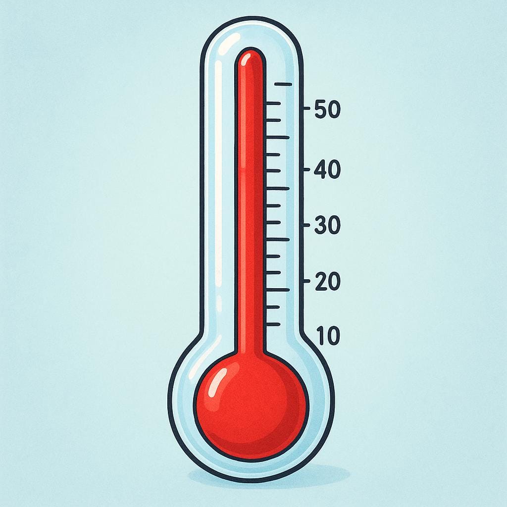 A large glass thermometer where the red liquid is completely filling the tube up to the very top, indicating the highest possible limit.