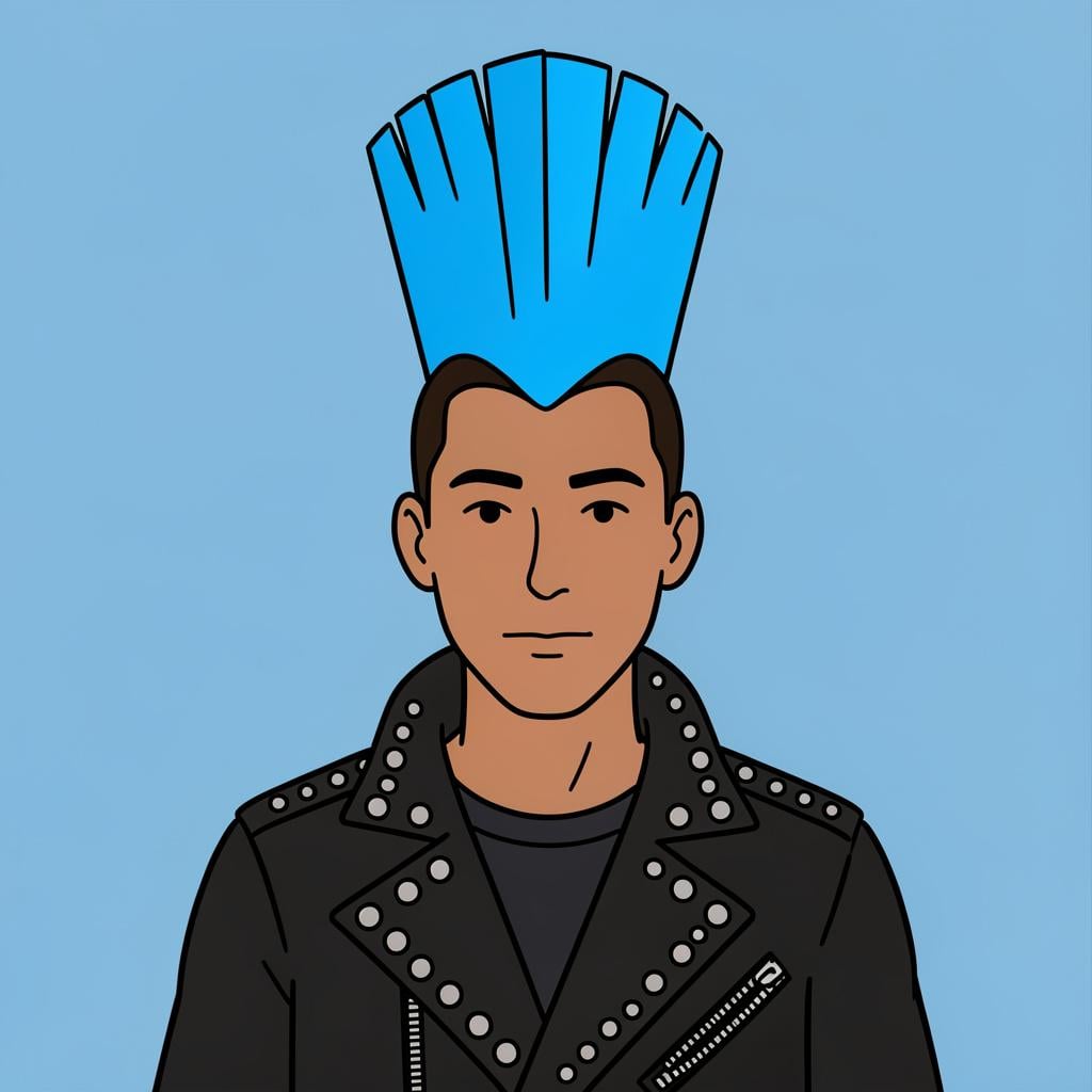 A person with a bright blue mohawk hairstyle wearing a jacket with metal studs.