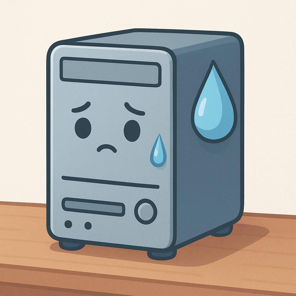 A simple cartoon desktop computer unit sitting on a desk, illustrated with a large drop of sweat rolling down its side, symbolizing struggling and sluggish performance.