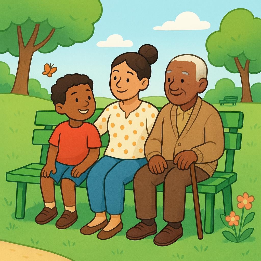 A colorful illustration showing a diverse group of people sitting together on a green park bench in a sunny, shared space, illustrating something public.