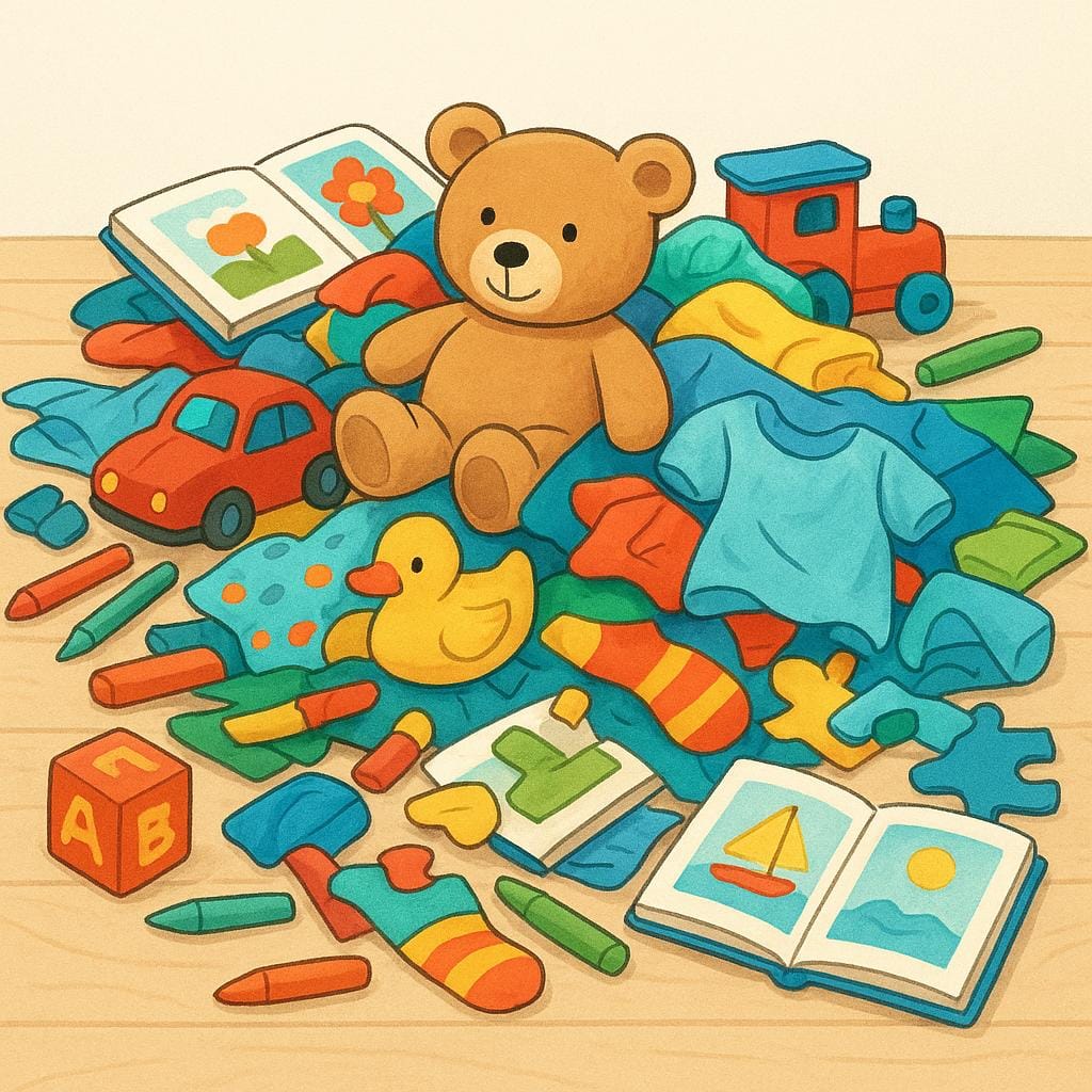 A chaotic heap of colorful, scattered items like toys, clothes, and books piled messily on the floor, illustrating extreme disorganization.