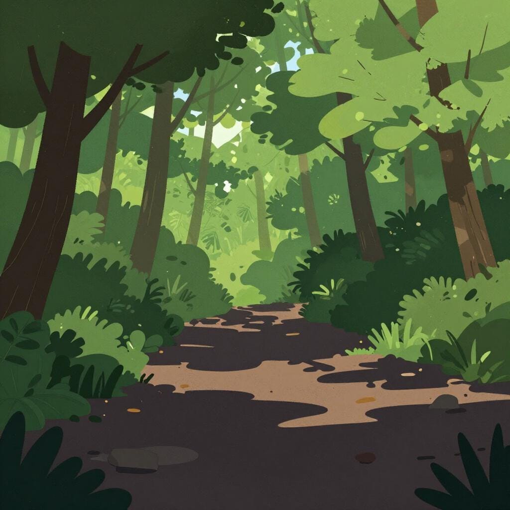 A lush forest floor covered in deep shadows cast by large leafy trees.