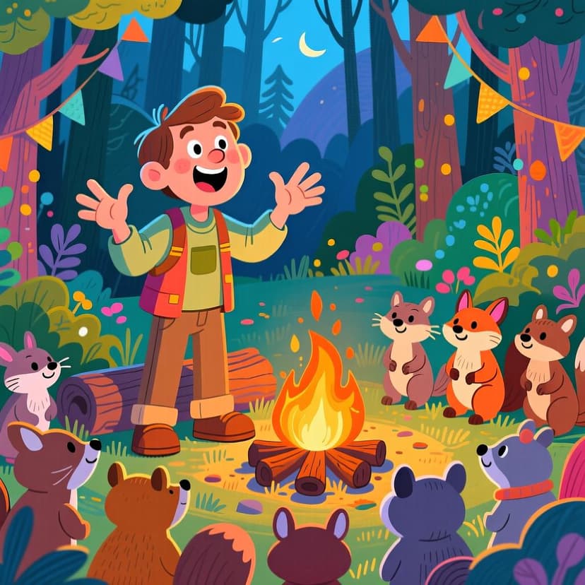 A storyteller animatedly telling a magical story to a group of captivated listeners.