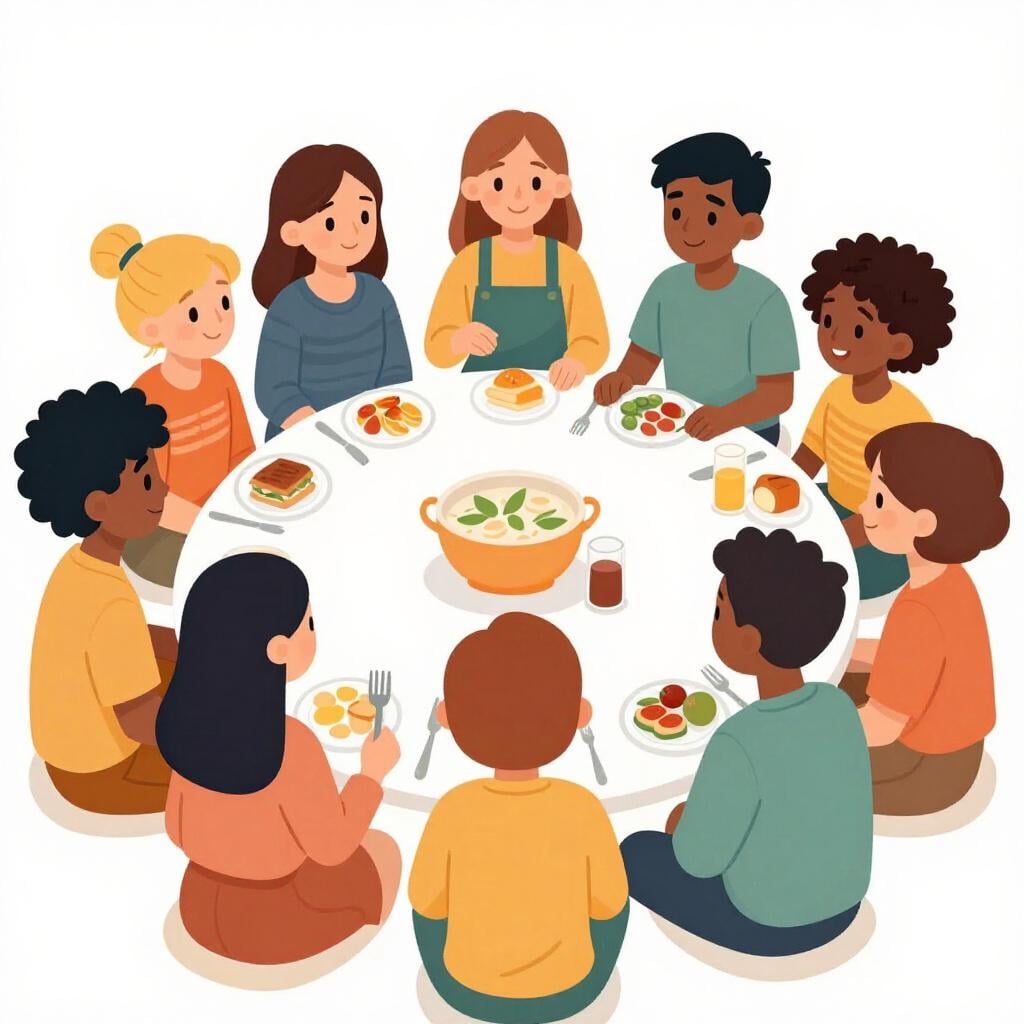 A group of diverse people sitting together in a circle, smiling and sharing a meal.