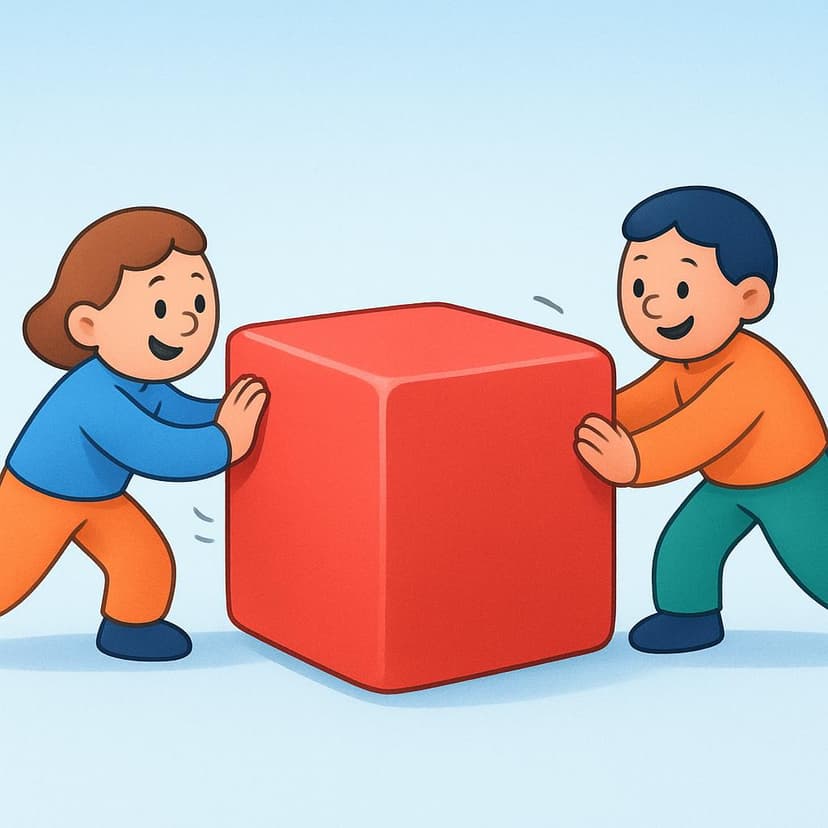 A colorful storybook illustration showing two friendly cartoon figures working together to push a very large, bright red block across the floor.