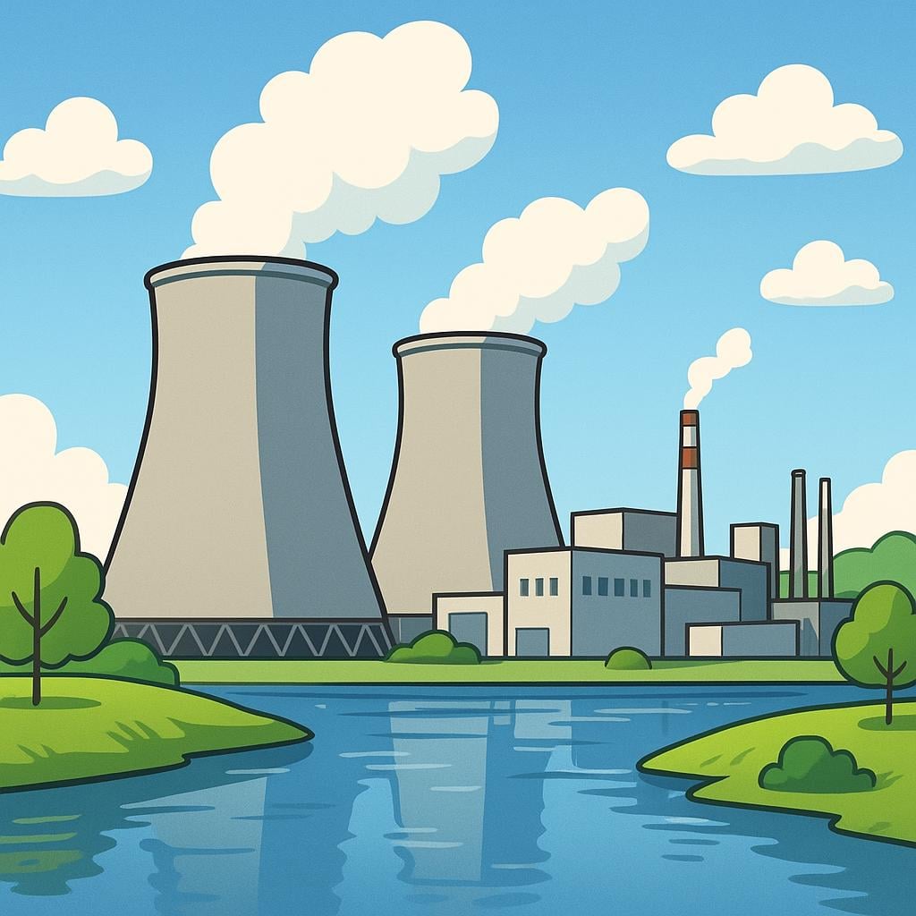 An industrial facility with large smokestacks and cooling towers, representing a power plant generating energy.