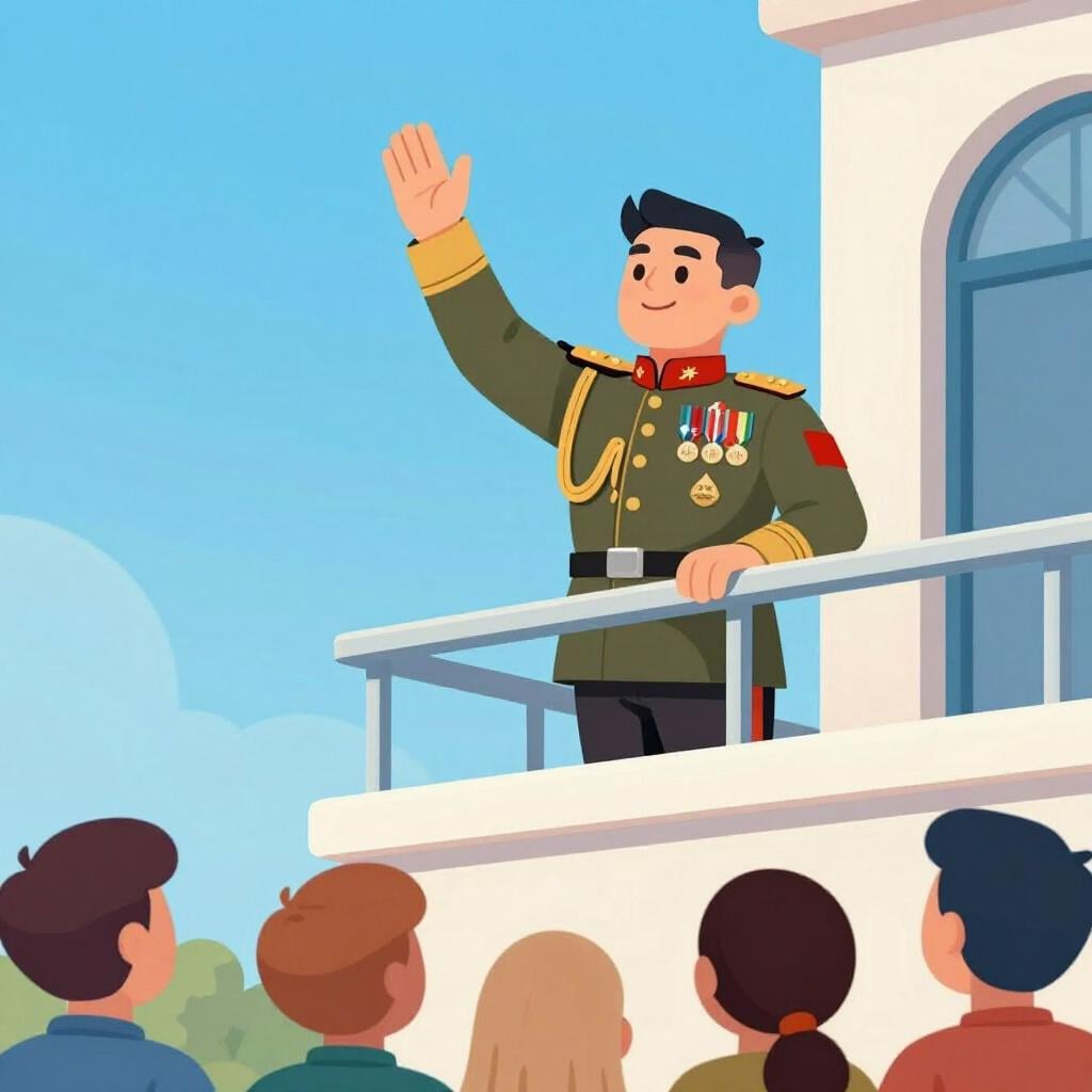 Un leader charismatique en uniforme militaire décoré se tenant sur un haut balcon en pierre et saluant une foule en liesse en contrebas.