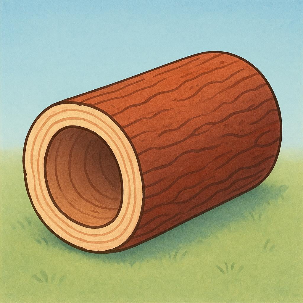 A large, thick wooden log cut vertically, revealing that its interior is completely empty.