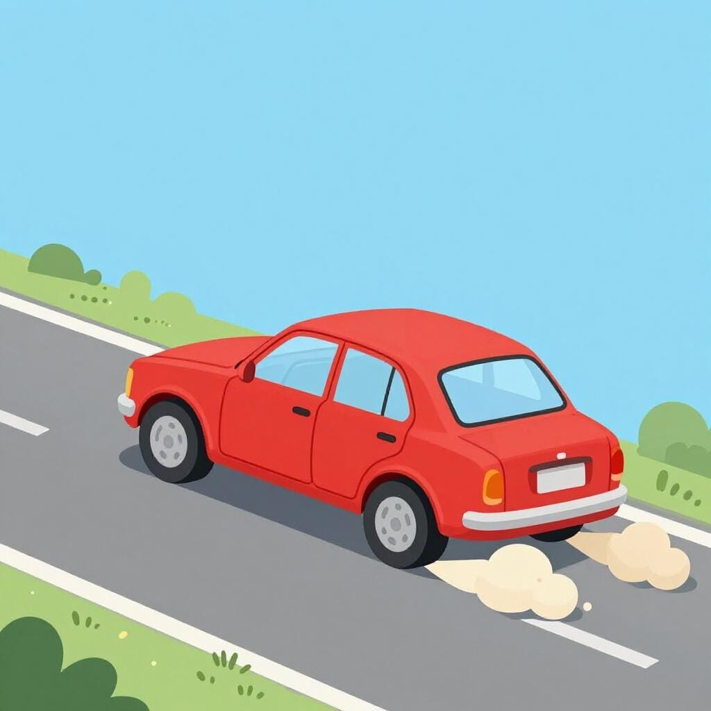 Une illustration de livre d'histoires coloré montrant une voiture s'arrêtant immédiatement avec une petite bouffée de poussière aux pneus.