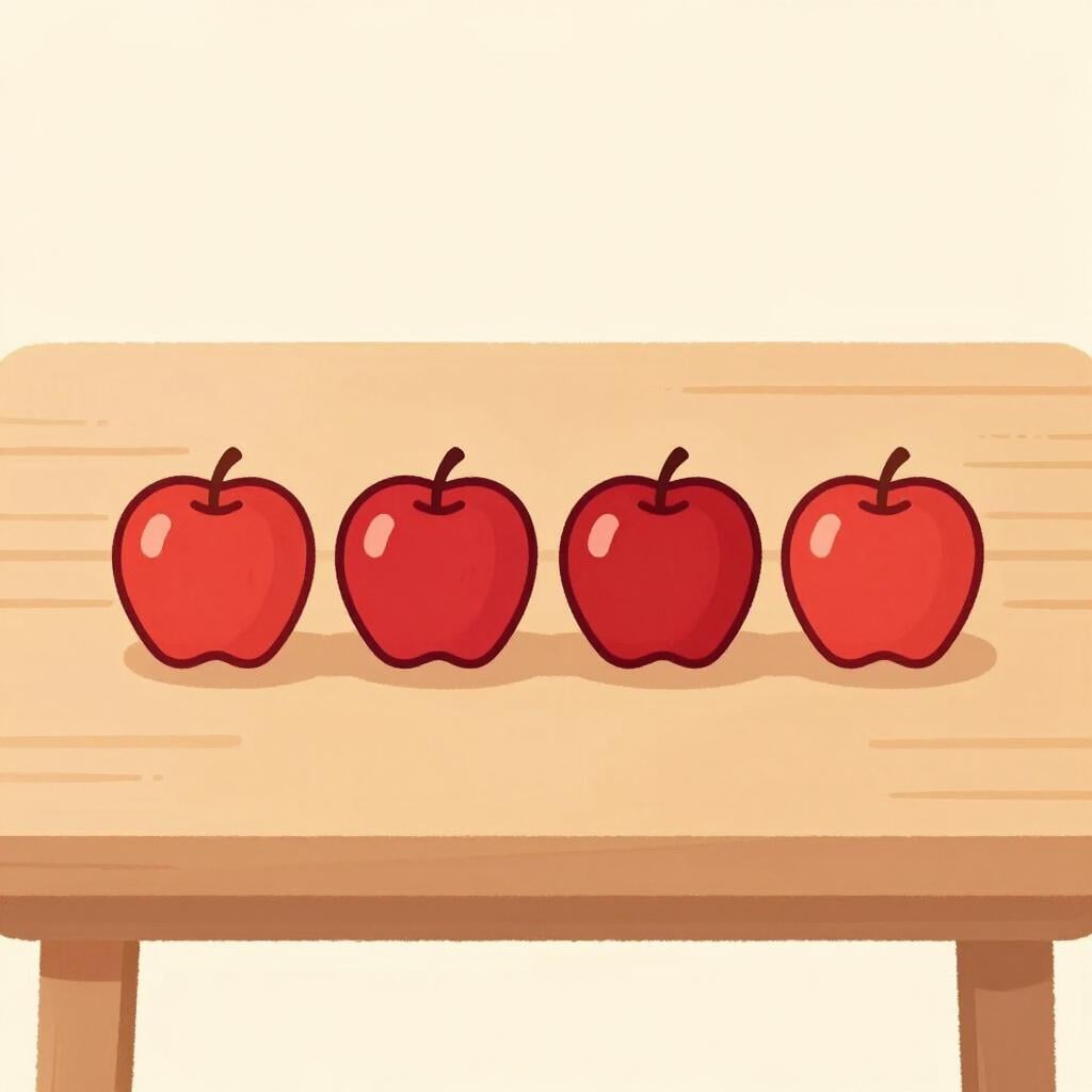 A small group of four identical red apples sitting on a wooden table.