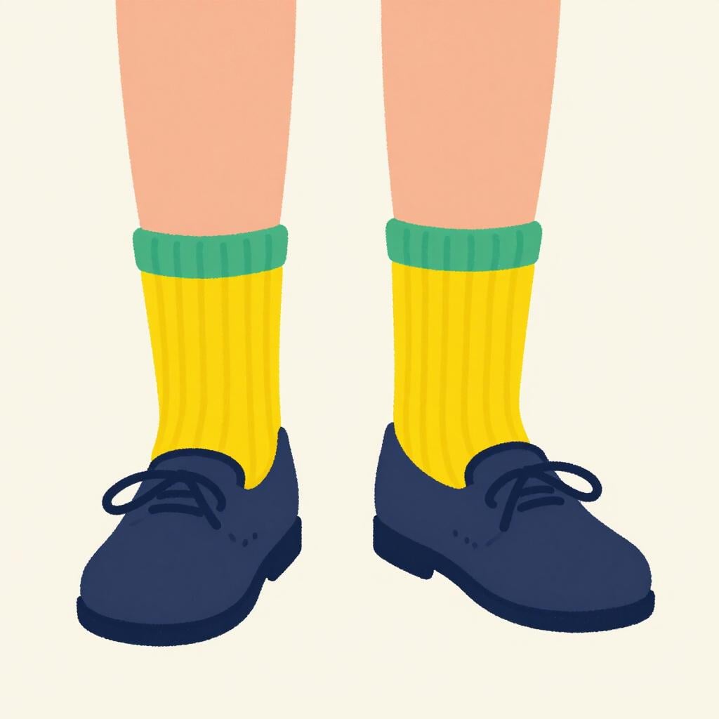 靴下を靴の上から履いて歩こうとしている人のカラフルなイラスト。