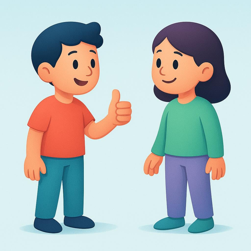 Two figures interacting, with one giving a positive thumbs-up gesture to the other, signifying confirmation.
