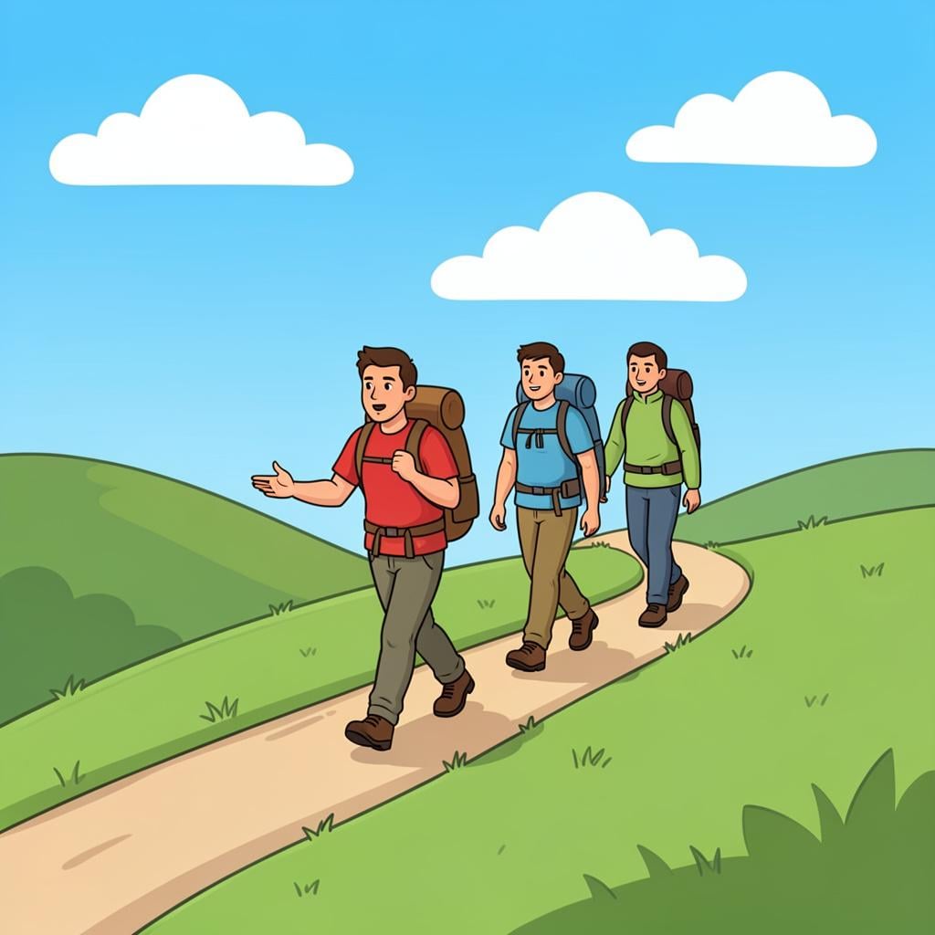 A group of cheerful hikers continuing their walk up a green hill following a leader.