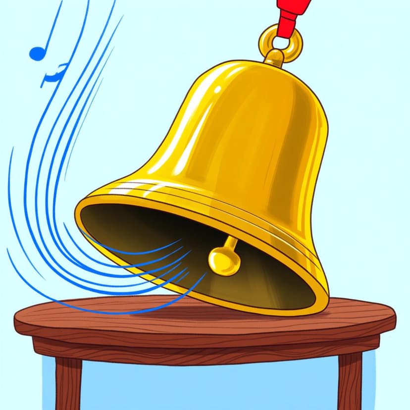 A brightly polished brass hand bell standing on a wooden table, actively ringing with visible blue sound waves emanating from its opening.