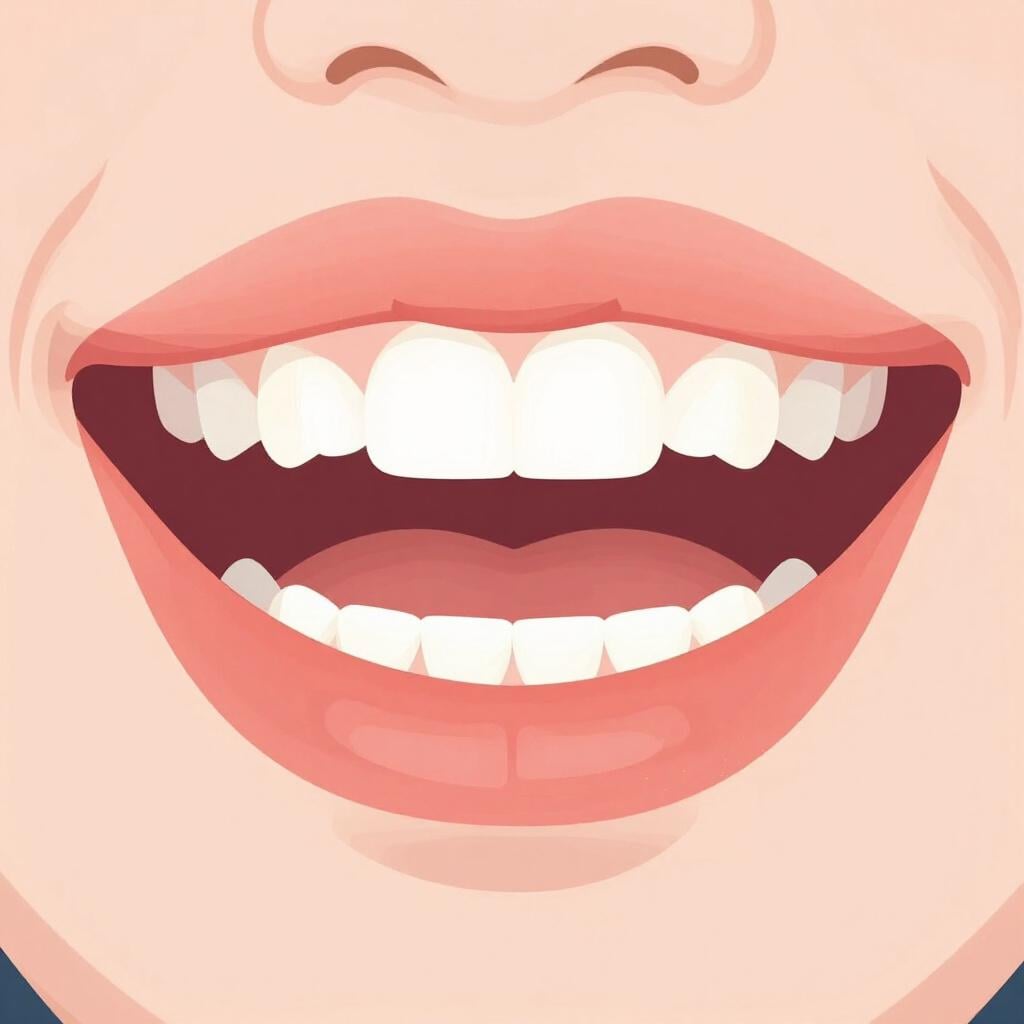 A close-up of a smiling mouth showing healthy teeth and lips.