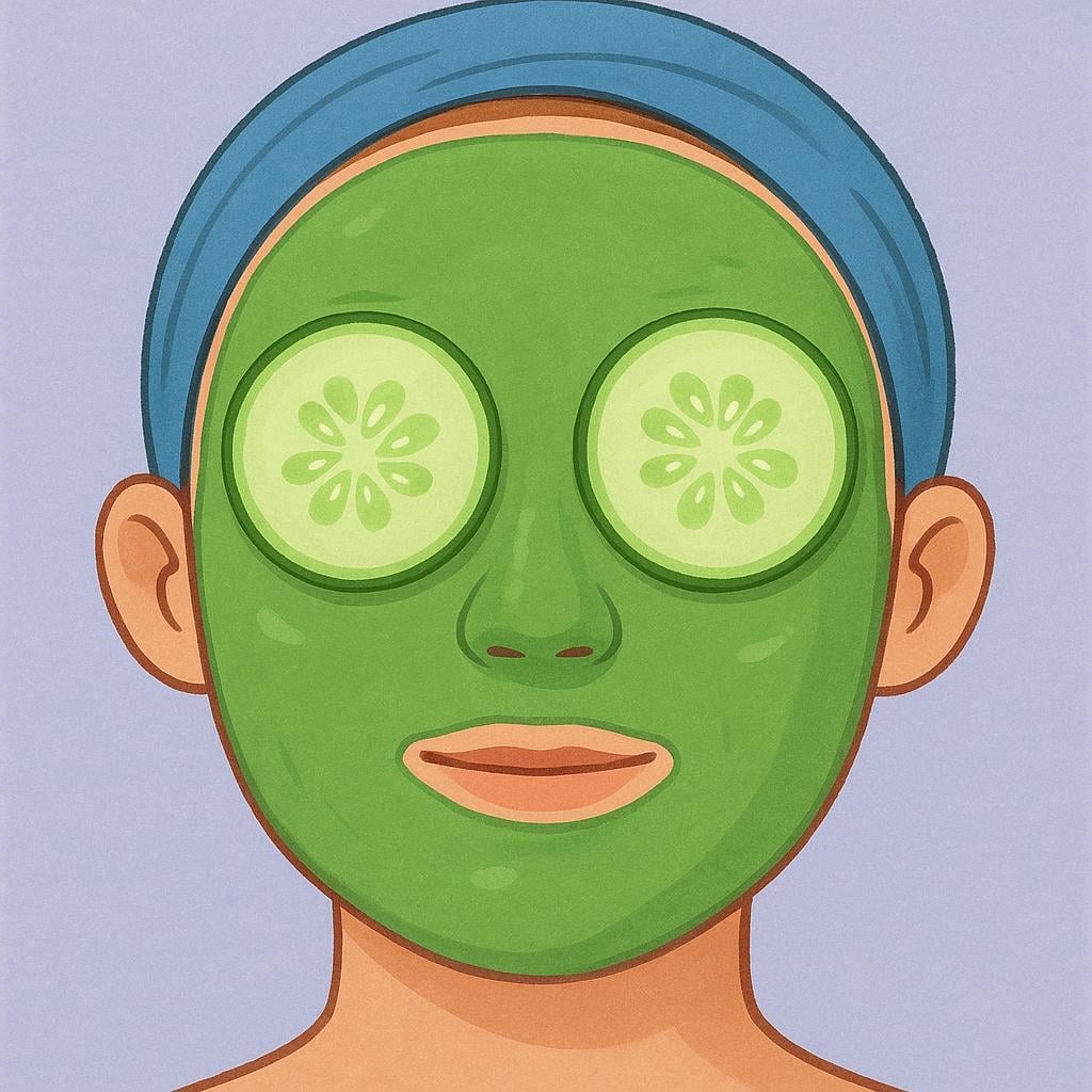 A person's face covered completely with a thick, smooth green cosmetic mud mask. Two cucumber slices rest over the eye areas.