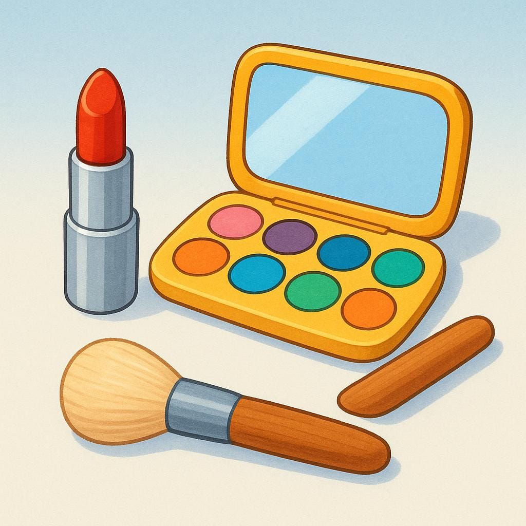 A simple colorful illustration of three essential cosmetic items: a tube of bright red lipstick, an open eyeshadow palette showing multiple colors, and a fluffy makeup brush.