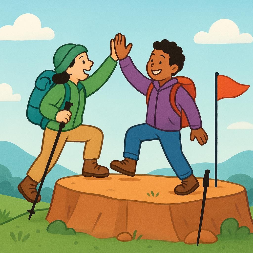 A colorful illustration showing two hikers smiling as they step onto a summit plateau where a small flag is planted, signifying the end of their journey.