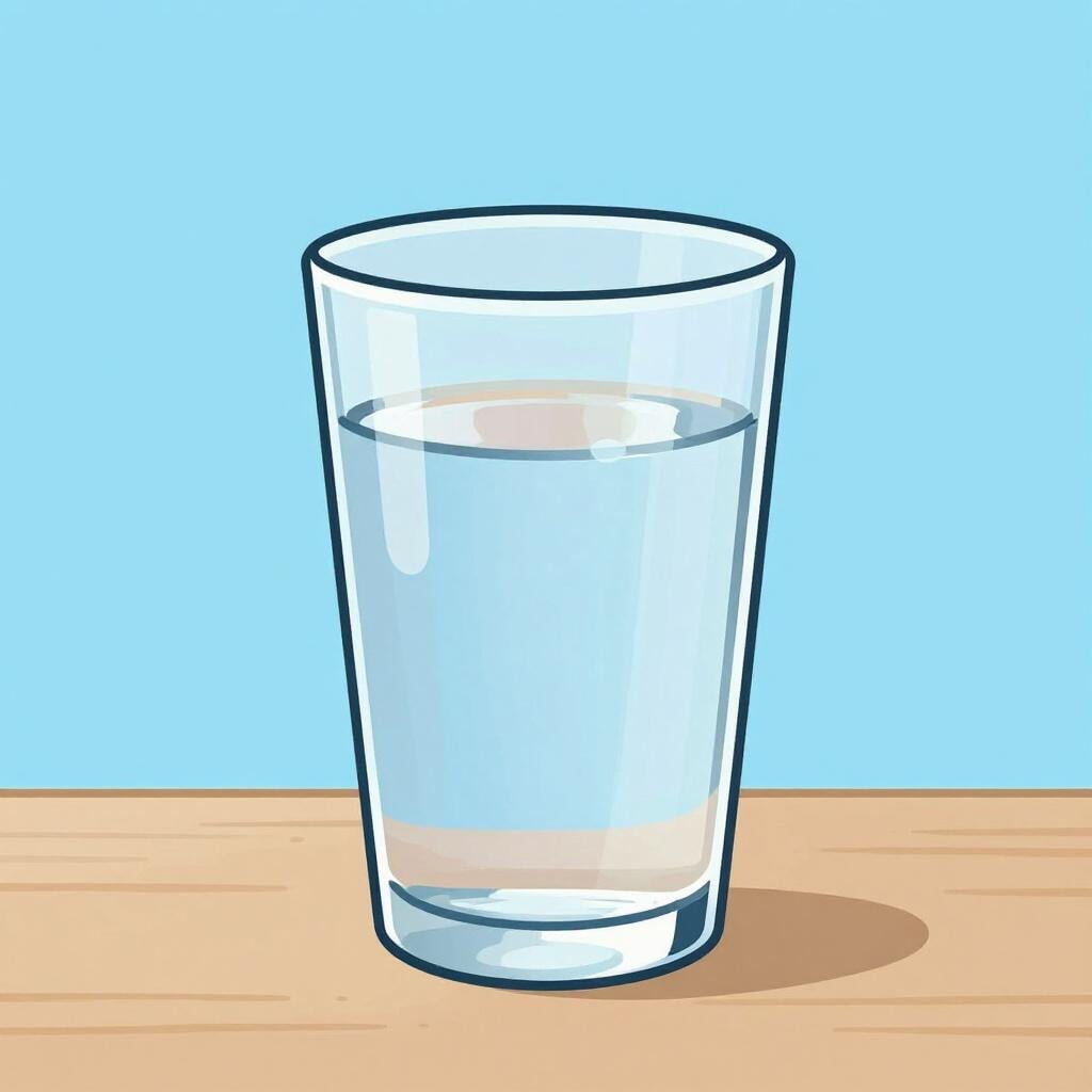 Um copo de água cristalina e espumante em uma mesa de madeira simples com um fundo azul brilhante.