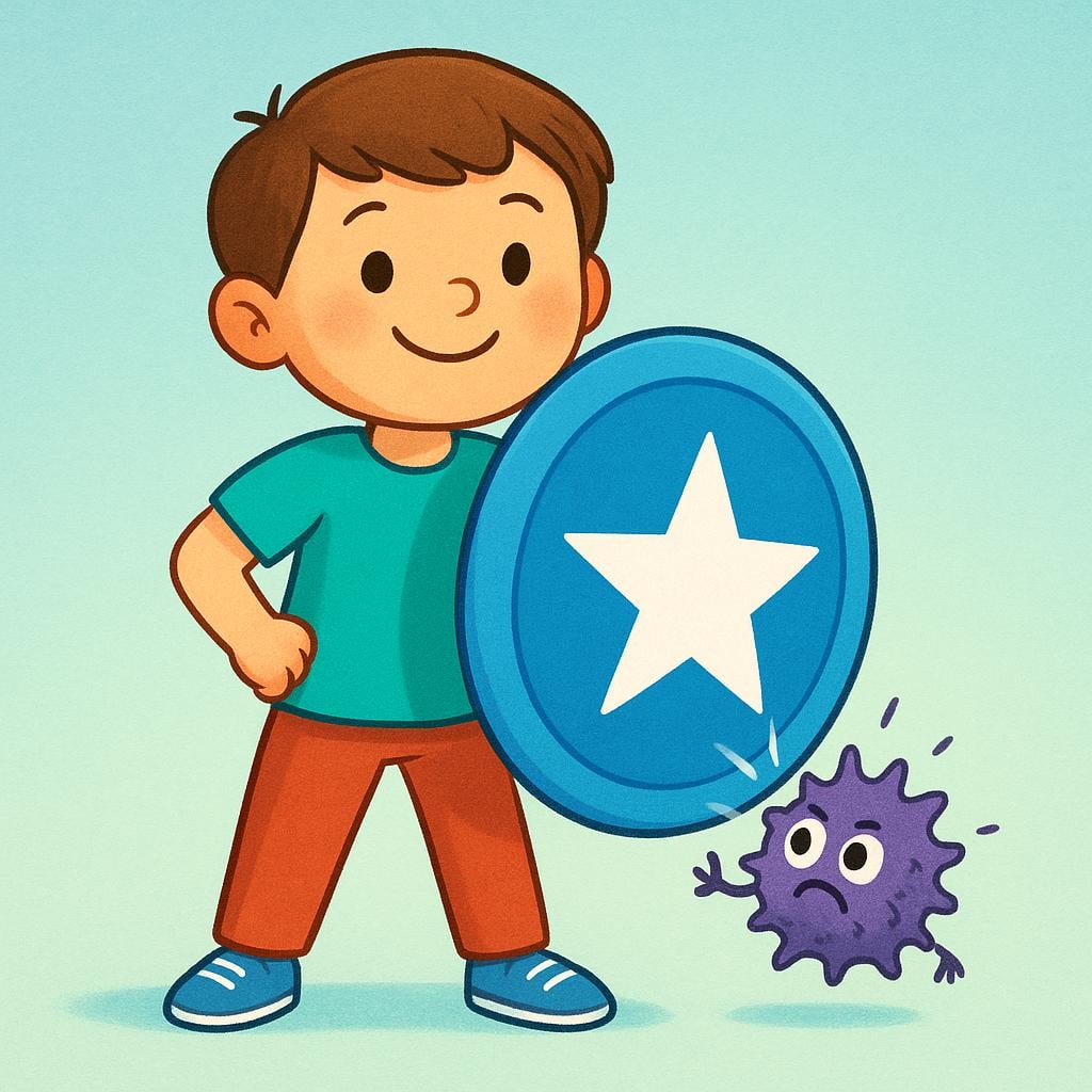 A storybook illustration of a cheerful child using a large shield to protect themselves from a small, stylized cartoon germ, symbolizing fighting off a disease.