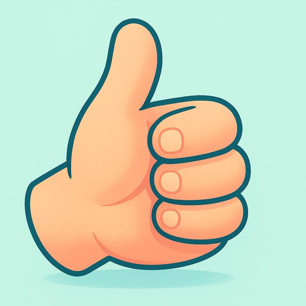 A friendly, stylized hand gives a firm and enthusiastic thumbs-up gesture, indicating strong agreement or affirmation.