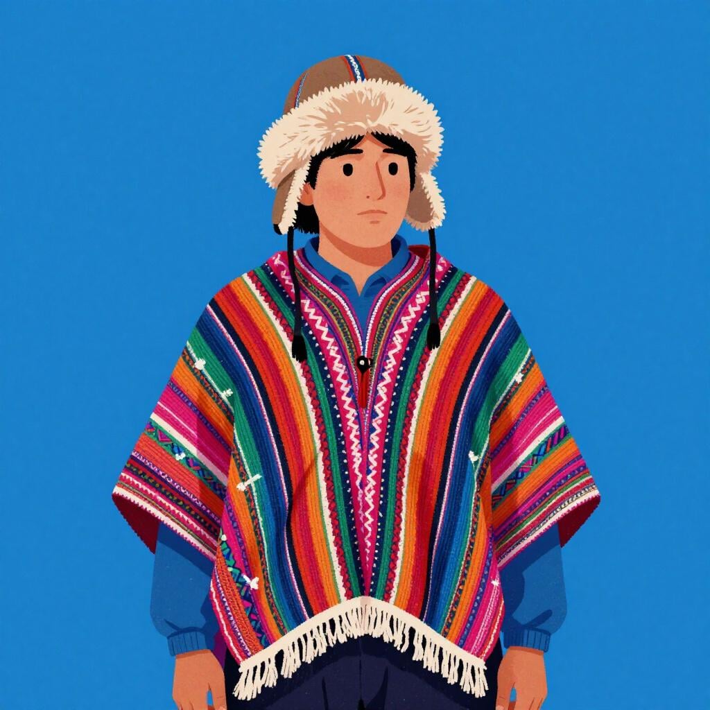 Una persona che indossa un poncho peruviano tradizionale colorato e un cappello chullo.